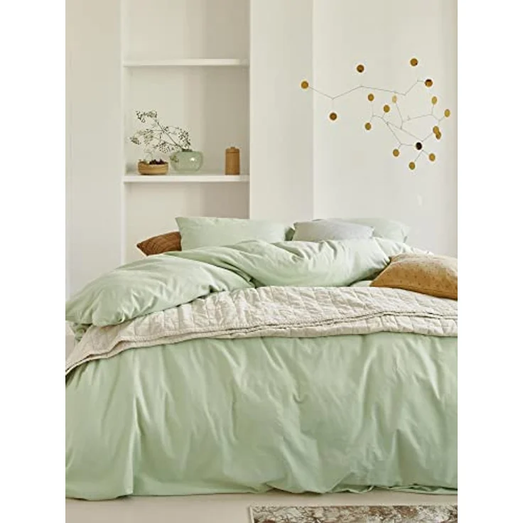 ESSENZA Bettwäsche Guy Pistache, 155x220 + 1x 80x80 cm, 100% Baumwollrenforce, Vintage-Waschung, Grün – Bild 3