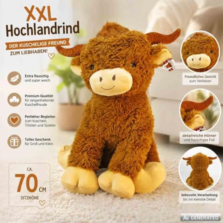 PMS Kuscheltier Hochland Rind XXL, ca. 70 cm, detailgetreues Plüschtier mit braunem Fell und stabiler Form – Bild 2