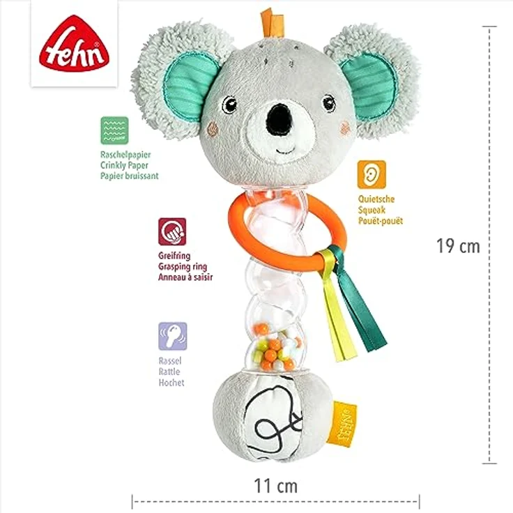 Fehn Regenmacher Koala – Motorik-Spielzeug mit Rassel, Quietsche, Raschelpapier zum Greifen – Rasselstab fördert spielerisch Sinne & Motorik – für Babys & Kleinkinder ab 3+ Monaten – Bild 5