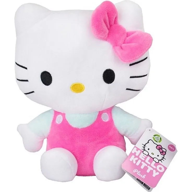 SANRIO Hello Kitty Kuscheltier Plüschtier 23 cm, Stofftier mit wählbarer Schleifenfarbe in Pink, Rot, Weiß oder Rosa, aus recyceltem Polyester