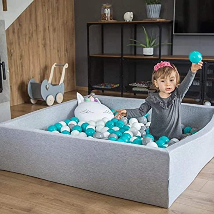 KiddyMoon Quadrat Bällebad Bällepool 120X30cm/1000 Bälle ∅ 7Cm Eckig Ballgruben Für Babys Spielbad Kleinkinder, Hergestellt In EU, Dunkelgrau:Gelb-Grün-Blau-Rot-Orange – Bild 8