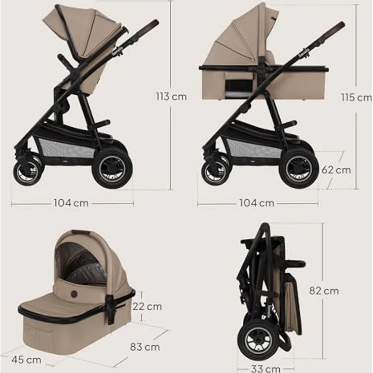 Lionelo Amber 3 in 1 Kombikinderwagen, mit sportlichem Sitz, Babywanne, Autositz und umfassendem Zubehör, Beige Sand – Bild 11