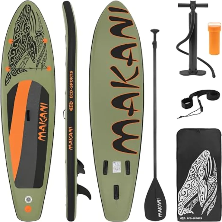 ECD Germany Aufblasbares Stand Up Paddle Board Makani, 320 x 80 x 15 cm, Olive, PVC, bis 120 kg, mit Pumpe und Zubehör