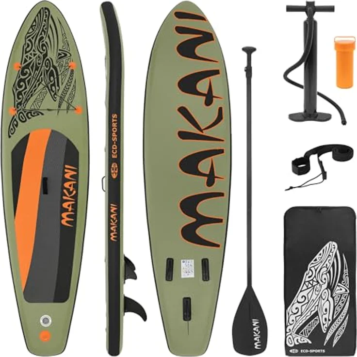 ECD Germany Aufblasbares Stand Up Paddle Board Makani, 320 x 80 x 15 cm, Olive, PVC, bis 120 kg, mit Pumpe und Zubehör – Bild 1