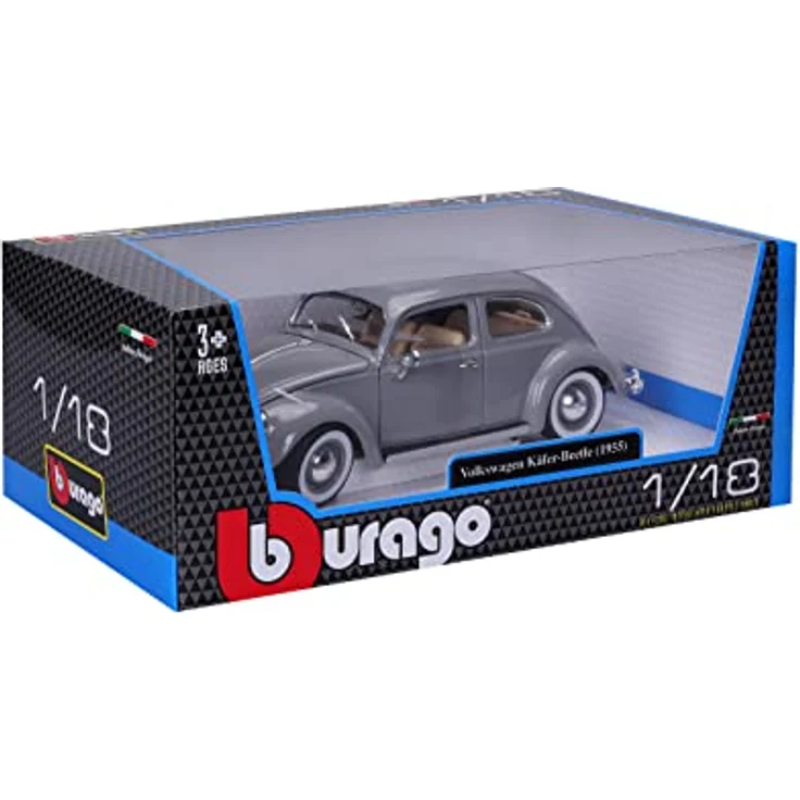 Bburago Volkswagen Käfer (1955), Modellauto im Maßstab 1:18, detailgetreue Nachbildung mit beweglichen Türen, Kofferraum und Motorhaube, grau – Bild 3