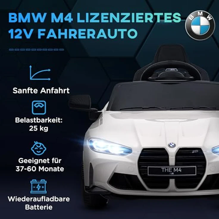 AIYAPLAY Elektro-Kinderauto BMW M4 Weiß, lizenziert, Belastbarkeit 25 kg, für Kinder 3-5 Jahre, mit Fernbedienung und Musikfunktion - Preisvergleich – Bild 3