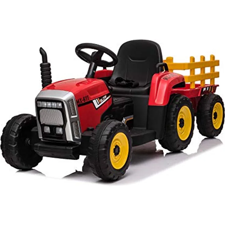 RIRICAR Elektrischer Traktor Workers mit Anhänger, Rot, 12-V-Batterie, breitem Sitz, 2,4-GHz-Fernbedienung, LED-Leuchten, MP3-Player mit Bluetooth