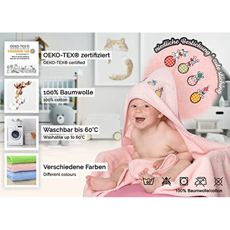 ZOLLNER Kapuzenhandtuch, Walkfrottee 100 x 100 cm, 100% Baumwolle, rosa mit Hündchen-Einstickung – Bild 2