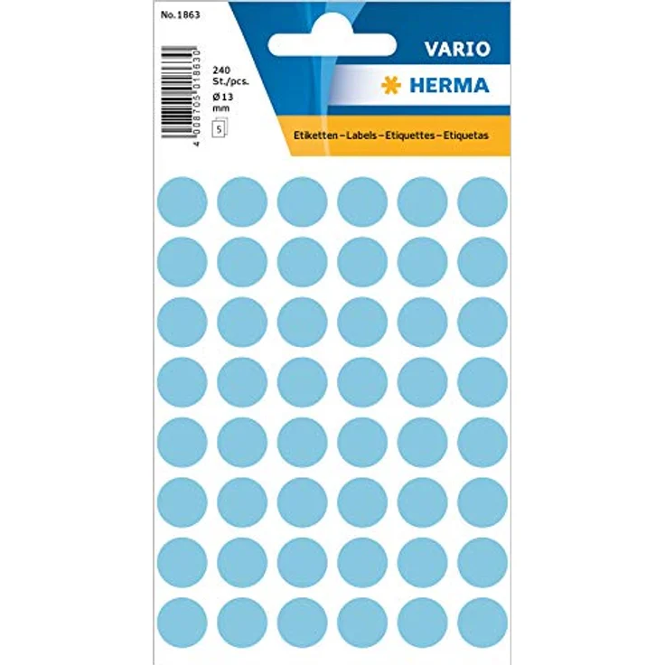 HERMA 1863 Punktaufkleber Klebepunkte hellblau, 240 Stück, Ø 13 mm, 48 pro Bogen, selbstklebend, Markierungspunkte für Kalender Planer Basteln, matt, blanko Papier Farbpunkte Etiketten Aufkleber – Bild 1