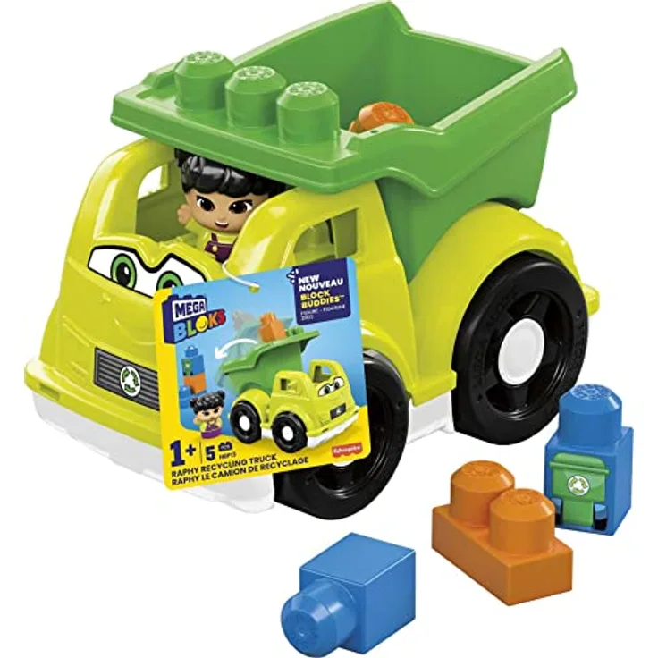 Mega Mega Bloks Lil Vehicles Raphy Recycling Truck, Bausteine im Kippbehälter des rollenden Recycling-Lasters verstauen