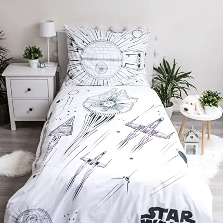 Jerry Fabrics Star Wars Todesstern, Raumschiffe, Weltraum, leuchtet im Dunkeln, Schwarz und Weiß Bettwäsche-Set, 100% Baumwolle, 140 x 200 cm Bettdecke und 70 x 90 cm Kissen mit Reißverschluss, für Kinder-Fans und Erwachsene – Bild 3