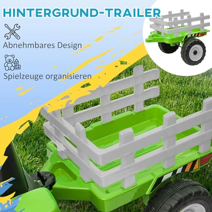 HOMCOM Elektrischer Traktor mit Anhänger, Kinder Aufsitztraktor mit Fernbedienung, Kinder Elektroauto mit MP3 Funktion, Kinderfahrzeug mit Scheinwerfer, für Kinder 3-6 Jahre, Grün – Bild 3