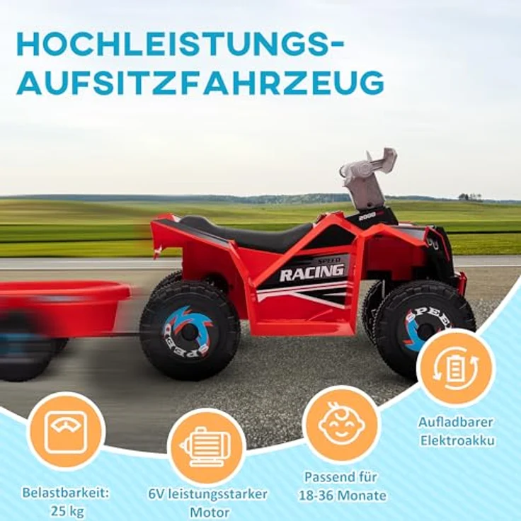 HOMCOM Elektro-Kinderquad 6V Kinderquad, Elektroauto mit Anhänger, Belastbarkeit 25 kg, für Kinder, Rot – Bild 6