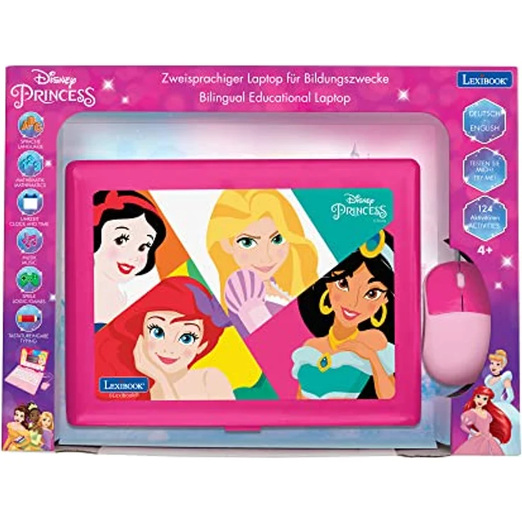 Lexibook JC598DPi3 Disney Princess-Zweisprachiger Laptop für Bildungszwecke Englisch und Deutsch, 124 Aktivitäten, Mathematik, Logik, Musik, Uhr, Spiele-Spielzeug für Mädchen, Rosa – Bild 4