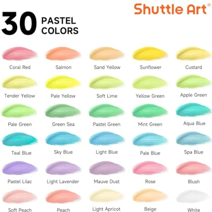 Shuttle Art Pastell Acrylfarben Set, 30 weiche ungiftige Pastellfarben in 60ml Flaschen mit 10 Pinseln, wasserfeste Künstlerqualität für Leinwand und Steine – Bild 3