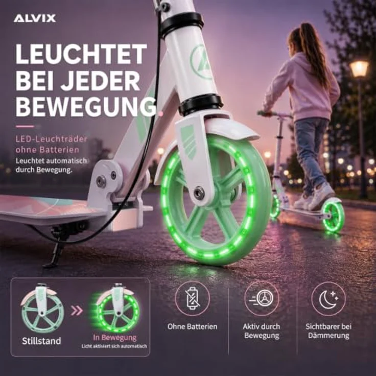 ALVIX Cityroller Kinderroller K-Serie mit Handbremse, faltbar, 200-mm-LED-Räder, breites 120-mm-Deck, Tragegurt, empfohlen ab 6 Jahren – Bild 6