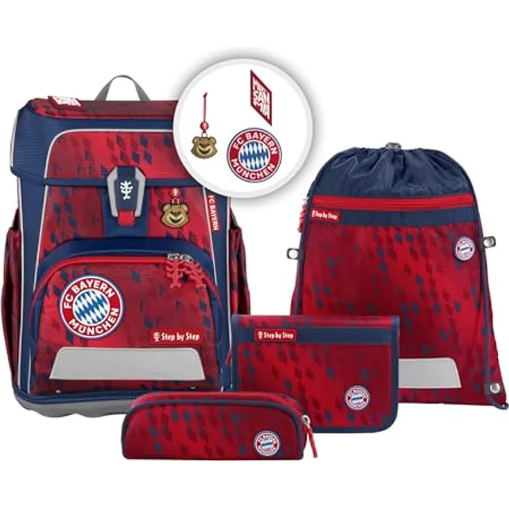 Step by Step Schulranzen-Set CLOUD FC Bayern “Mia san Mia”, 5-teilig, ergonomisch, rot blau, höhenverstellbar mit Hüft- und Brustgurt, 19 Liter, mit Reflektoren für Jungen und Mädchen ab der 1. Klasse – Bild 1