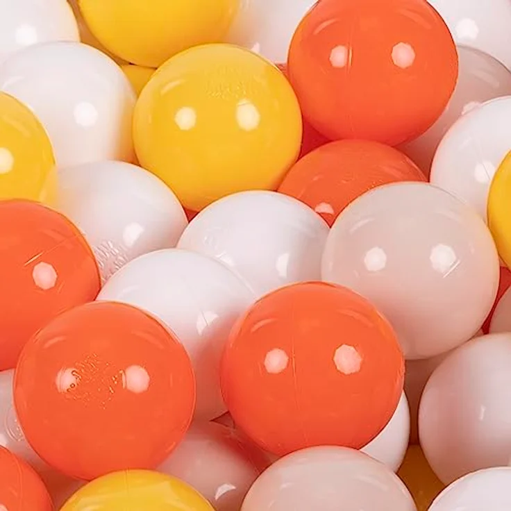 KiddyMoon 200 Bälle, 7 cm Einfarbige Plastikbälle für Bällebad, BPA-frei, Gelb/Orange/Pastellbeige/Weiß, Made in EU – Bild 1