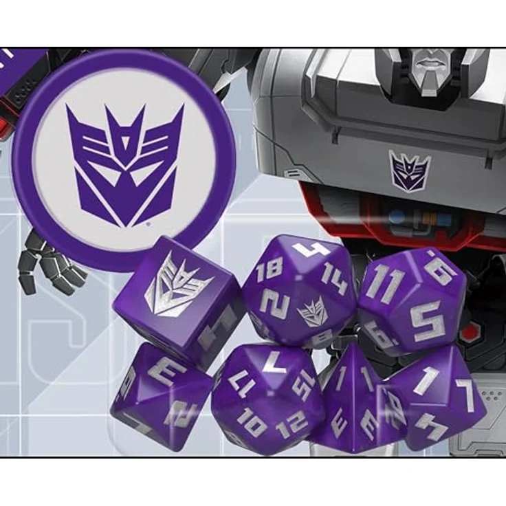 Renegade Game Studios Transformers RPG Decepticon-Würfel-Set, 8-teilig, violett, inklusive 2d20, d12, d10, d8, d6, d4 und d2-Münze, geeignet für Essence20 Rollenspielsystem – Bild 2