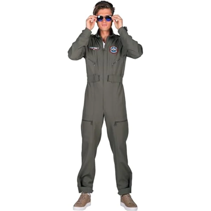 Thetru Herren Kostüm Top Pilot Overall, grüner Karneval Fasching mit authentischen Patches, Gr. XXL – Bild 1
