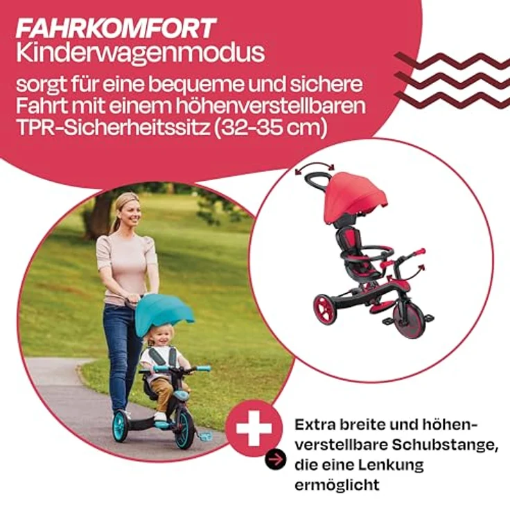 Globber Explorer Trike 4in1 Pro in Rot – Kinderfahrzeug mit höhenverstellbarem TPR-Sitz, Dreirad, Laufrad und Kinderwagen in 10/8,5 Zoll – Bild 5