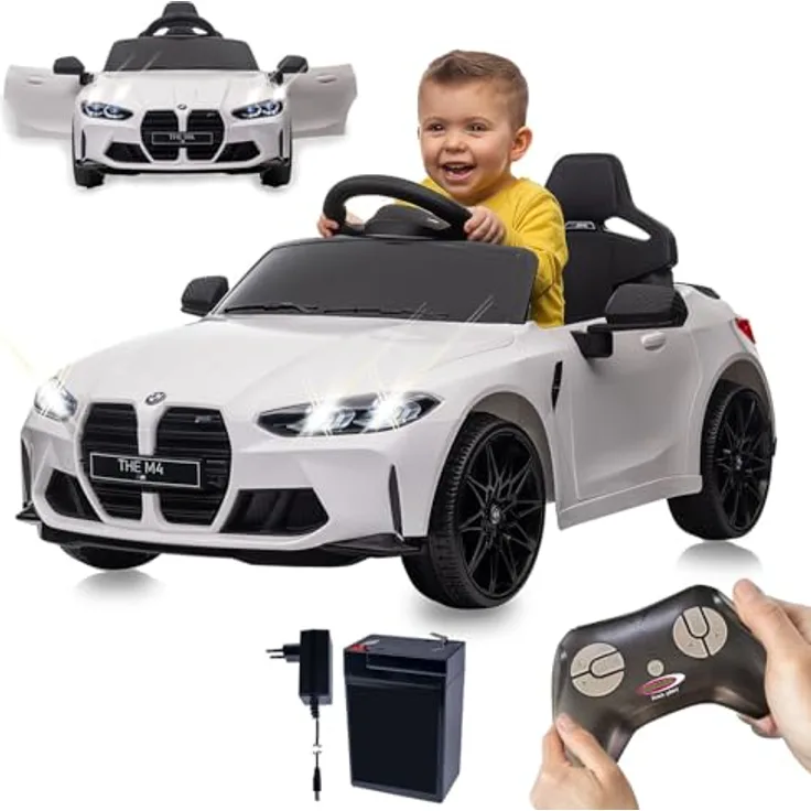 JAMARA Ride-on BMW M4, Elektroauto für Kinder ab 3 Jahren, 2,4GHz Fernsteuerung, Lithium-Ionen-Akku, LED-Scheinwerfer, 2 Gänge, Bluetooth Musikfunktion, manuell öffnende Türen
