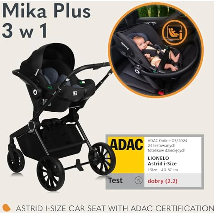 Lionelo MIKA PLUS 3-in-1 Buggy, Babywagen mit Kindersitz und Babytrage, 360° Räder, XXL-Verdeck, blau – Bild 3