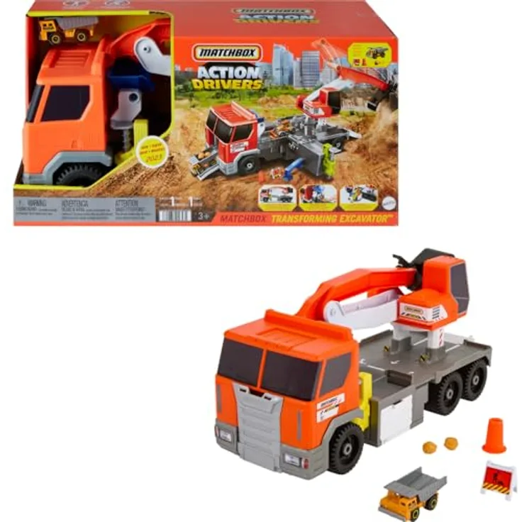 Matchbox Action Drivers Transforming Excavator, Spielzeug-Baulastwagen mit Bohrstation, Kran, Felsentrichter und Muldenkipper im Maßstab 1:64, HPD64