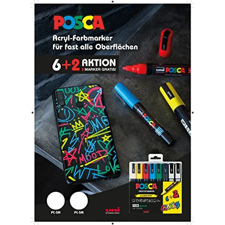 uni-ball 186825 - POSCA Marker Set, 8er Etui Acrylstifte PC-3M, 0.9 - 1.3 mm, 6 Standardfarben + 2 wechselnde Sonderfarben - Preisvergleich – Bild 2