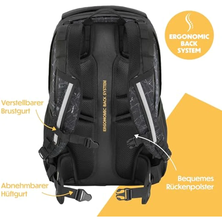 Coocazoo Every „Urban Metro“, ergonomischer Schulrucksack in schwarz-orange, höhenverstellbar, mit Brustgurt & Hüftgurt, für ab der 3. Klasse, 30 Liter Volumen, reflektierende Elemente, aus 100% recycelten PET-Flaschen – Bild 4