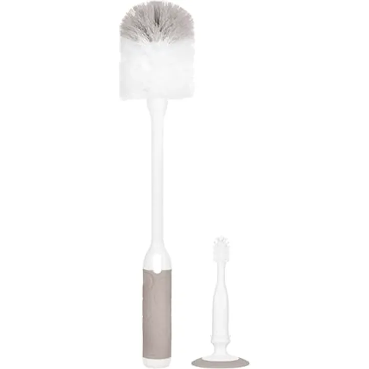 Ubbi Deluxe Baby Bottle Brush Set, 2-in-1 Flaschen- und Saugerbürste mit Saugnapf, hygienisch und spülmaschinenfest, Taupe