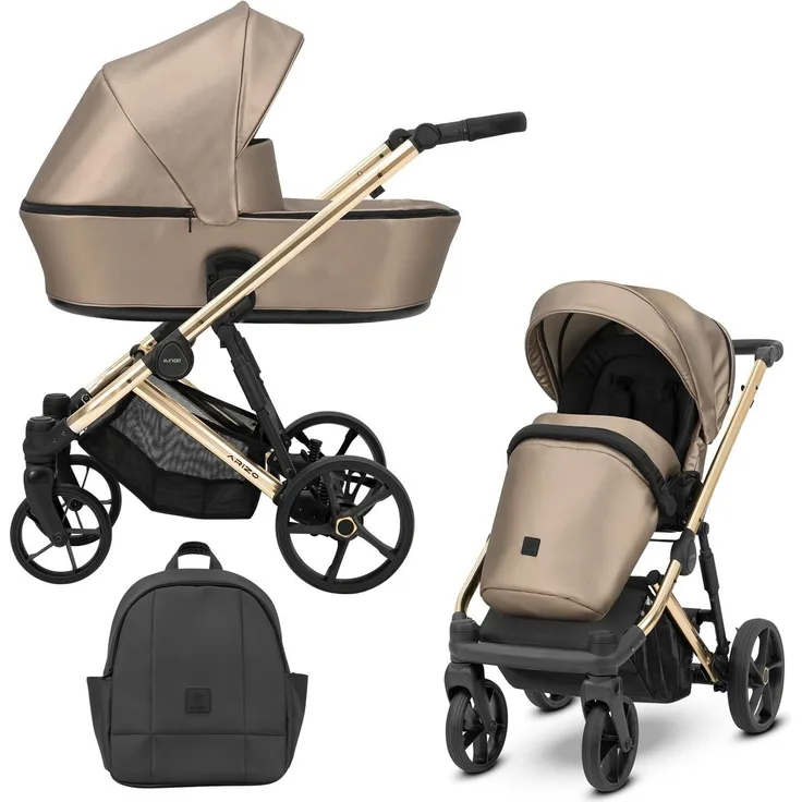 Kunert ARIZO PREMIUM 2in1 Kinderwagen, Kombikinderwagen in Braun/Cappuccino mit goldenem Gestell und Zubehör