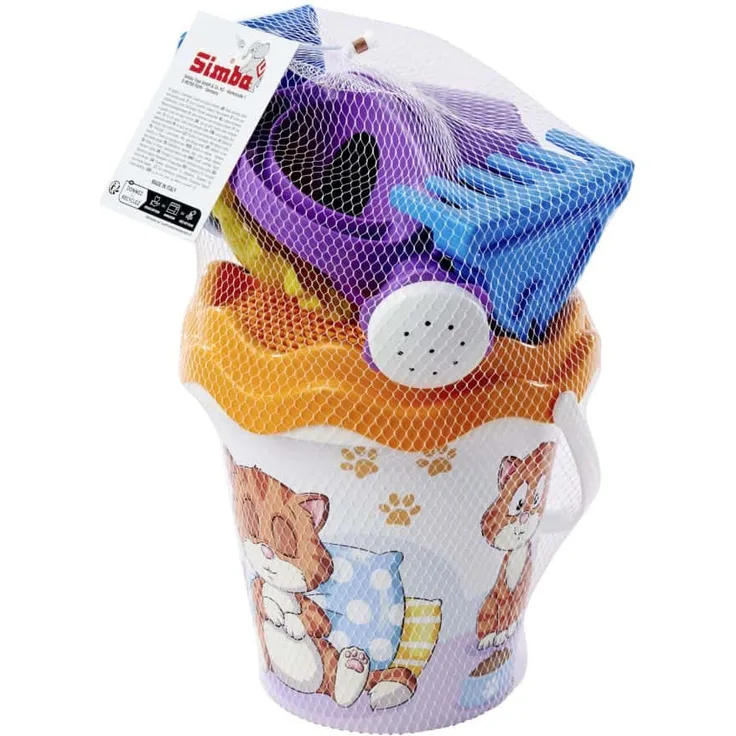 Androni Sandeimergarnitur Katze, 6-teiliges Set mit 17 cm Eimer, Schaufel, Rechen, Sieb, Gießkanne und Sandform