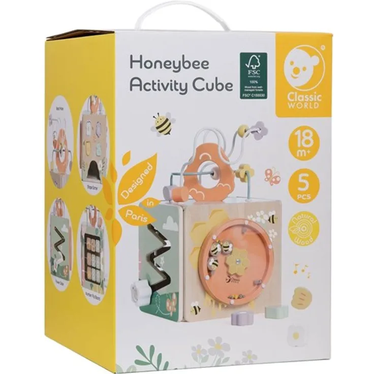 Classic World Wooden Activity Cube Honeybee, Multifunktionales Spielzeug mit Bead Maze, Zahlensortierer und Formensorter, 5-teilig