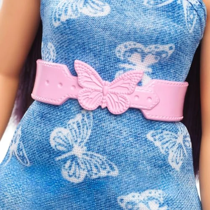 Barbie Anziehpuppe Fashionistas, Nr. 231 mit Denim-Schmetterlingskleid und violettem Haar – Bild 4