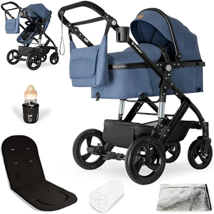 Bergsteiger Nizza 3 in 1 Kinderwagen, Kombikinderwagen Komplettset, Babywanne & Buggy Sportsitz inklusive, Auto-Babyschale & Isofix Station optional, in blau