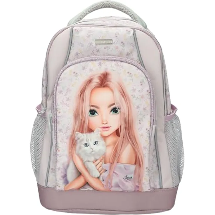 Depesche TOPModel Blooming Kitty Schulrucksack, Flieder, mit Model-Katze-Motiv, Blumenmuster, 2 Fächer, verstellbare Träger