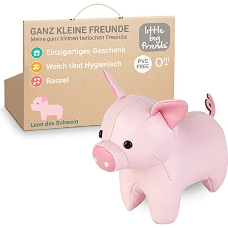 Little Big Friends Kleine Freunde | Rasselspielzeug | Spezielles Stofftier | Leicht zu reinigen | Leon das Schwein