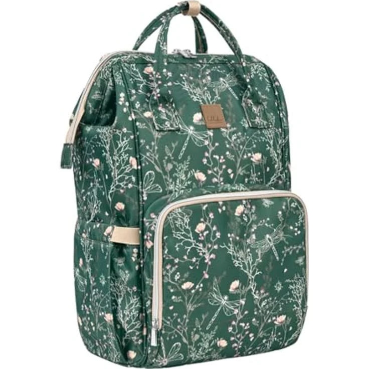 Kikka Boo Wickeltasche Siena, Rucksack mit Wickelunterlage, einstellbare Grifflänge, grün gemustert, wasserabweisend, viele organisatorische Taschen – Bild 2
