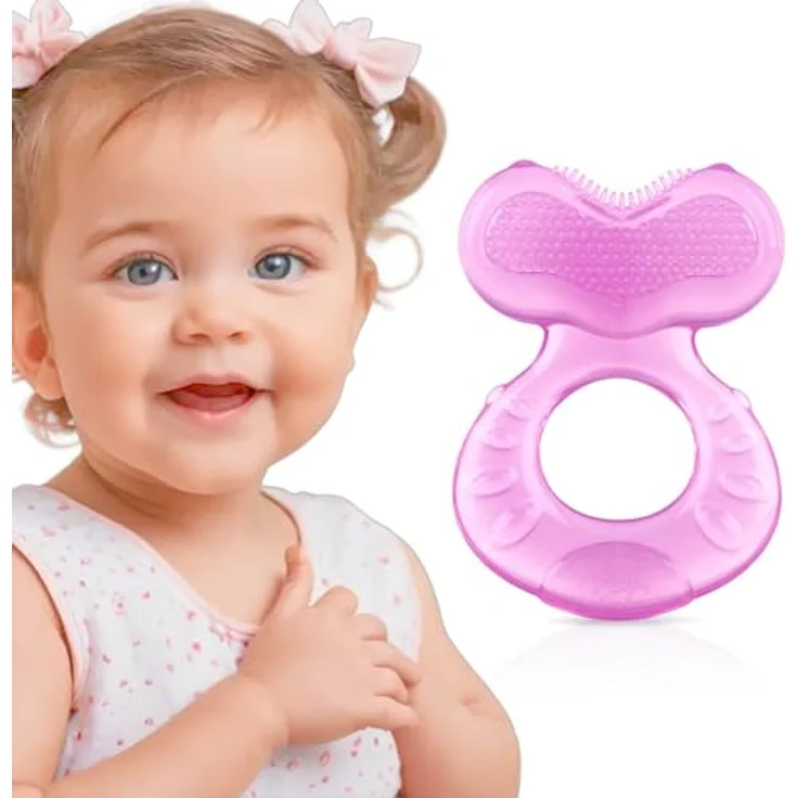 Nuby Teethe-eez Silikon-Beißring, weiche Zahnungshilfe mit strukturierter Oberfläche zur Zahnfleischmassage, hygienisches Etui inklusive, rosa, ab 3 Monaten – Bild 1