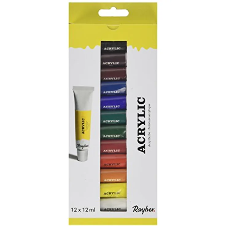 Rayher Künstler-Acrylfarben-Set 38925000, 12 Farben à 12 ml, wasserverdünnbar, lichtbeständig, ideal für Keilrahmen, Papier, Holz und mehr
