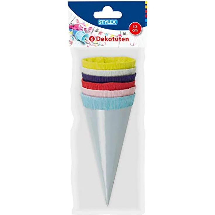 Stylex 47173 Mini Zuckertüten, 6 Dekotüten aus Glanzkarton, 12 cm, in hellblau, rosa, rot, dunkelblau, hellgrün, gelb, mit Krepppapierverschluss, ideal für den Schulanfang