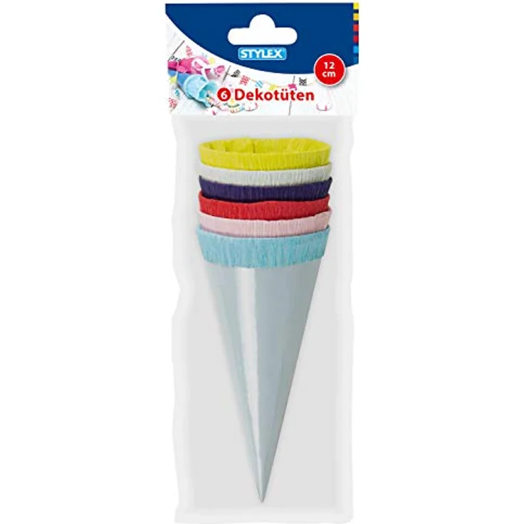 Stylex 47173 Mini Zuckertüten, 6 Dekotüten aus Glanzkarton, 12 cm, in hellblau, rosa, rot, dunkelblau, hellgrün, gelb, mit Krepppapierverschluss, ideal für den Schulanfang – Bild 1