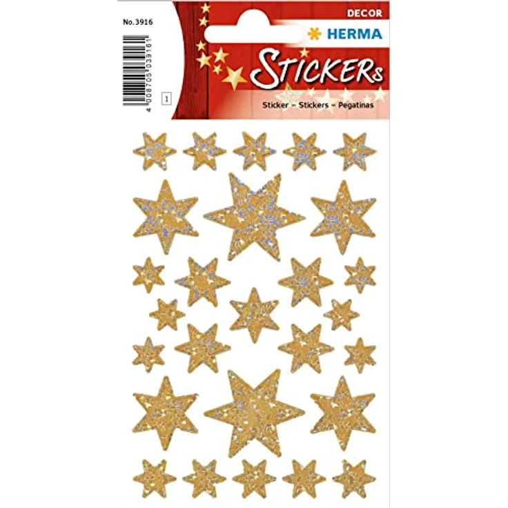 HERMA 3916 Aufkleber Sterne Glitzer Gold, 27 Stück, Hologramm Folie, Weihnachtssticker Sternaufkleber – Bild 1