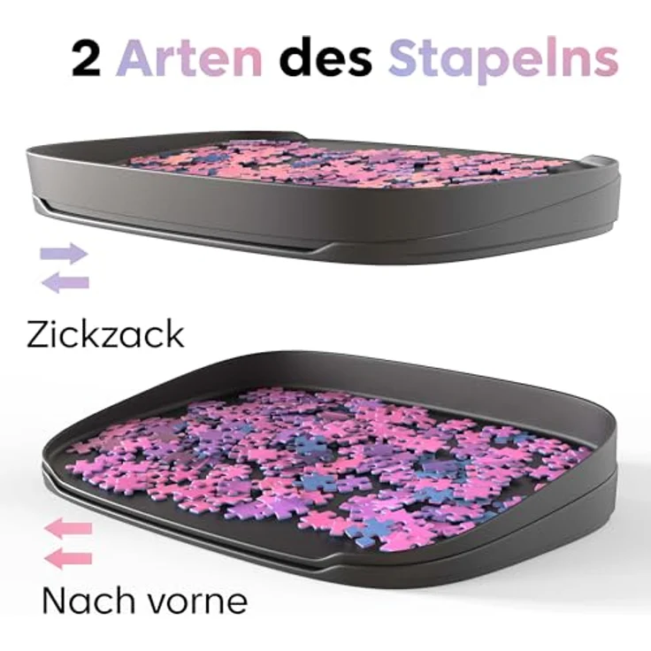 Puzzlup Stapelbare Puzzle Sortierschalen, Premium Sortierer Set aus 6 Schalen für bis zu 1500 Teile mit Offenem Kanten Design, mattschwarz und Boxdeckelständer – Bild 5