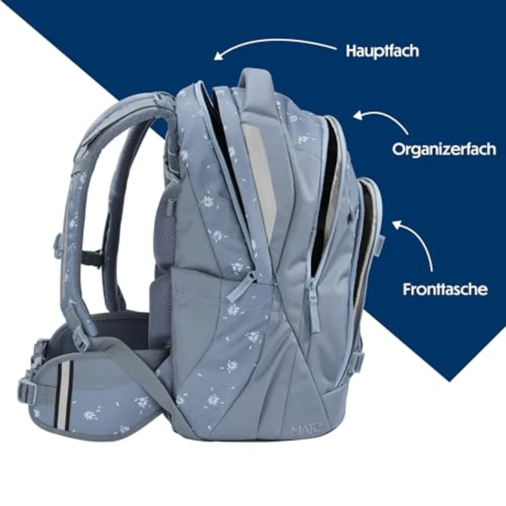 Coocazoo Mate Schulrucksack „Bloomy Daisy”, hellgrau, ergonomisch, höhen- & größenverstellbar, mit Brustgurt und Hüftgurt, 30 Liter, ab 3. Klasse – Bild 3