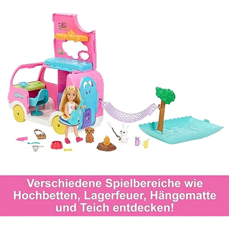 BARBIE Chelsea 2-in-1-Camper - Spielzeugfahrzeug mit Pool, Hängematte und Essbereich, für fantasievolles Spielen und Geschichtenerzählen, ab 3 Jahren, HNH90 – Bild 4