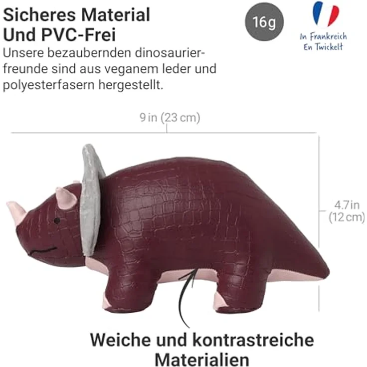 Little Big Friends Penelope der Triceratops, Sensorisches Kuscheltier aus veganem Leder mit Farben, Texturen und bimmelnder Glocke, leicht zu reinigen – Bild 5