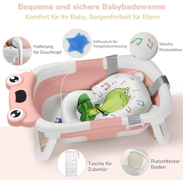 DEANIC Faltbare Baby Badewanne, Portable Babybadewanne für Neugeborene 0-24 Monate, rutschfester Boden, rosa – Bild 4