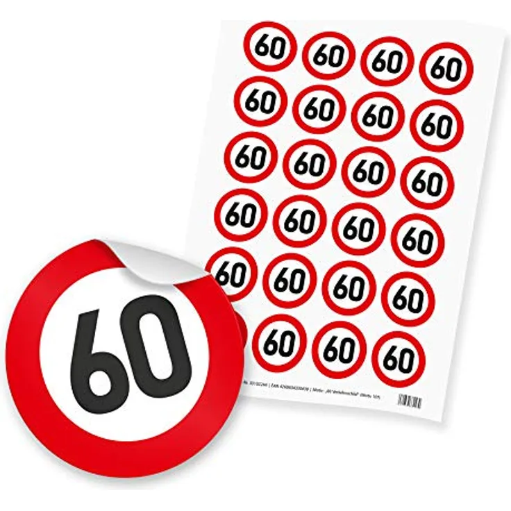 itenga 24x Sticker "60" Verkehrsschild (Motiv 107), selbstklebend, 4cm Durchmesser, DIN-A4 Bogen